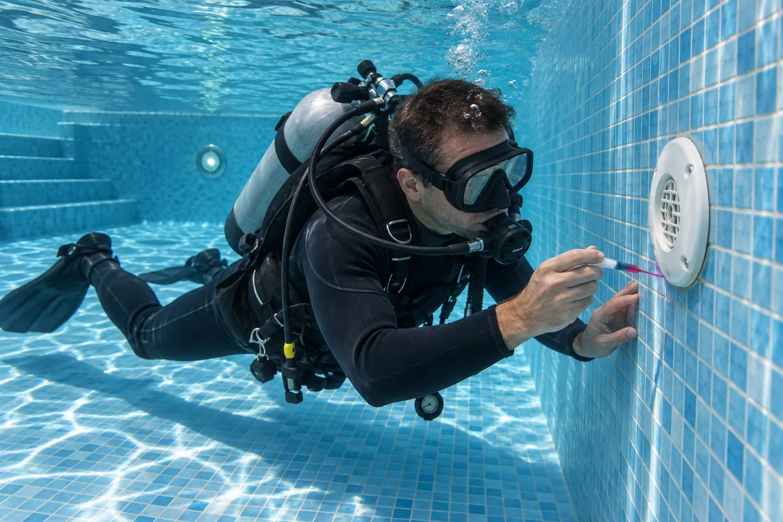 Inspección subacuática de un accesorio de piscina, imagen ilustrativa
