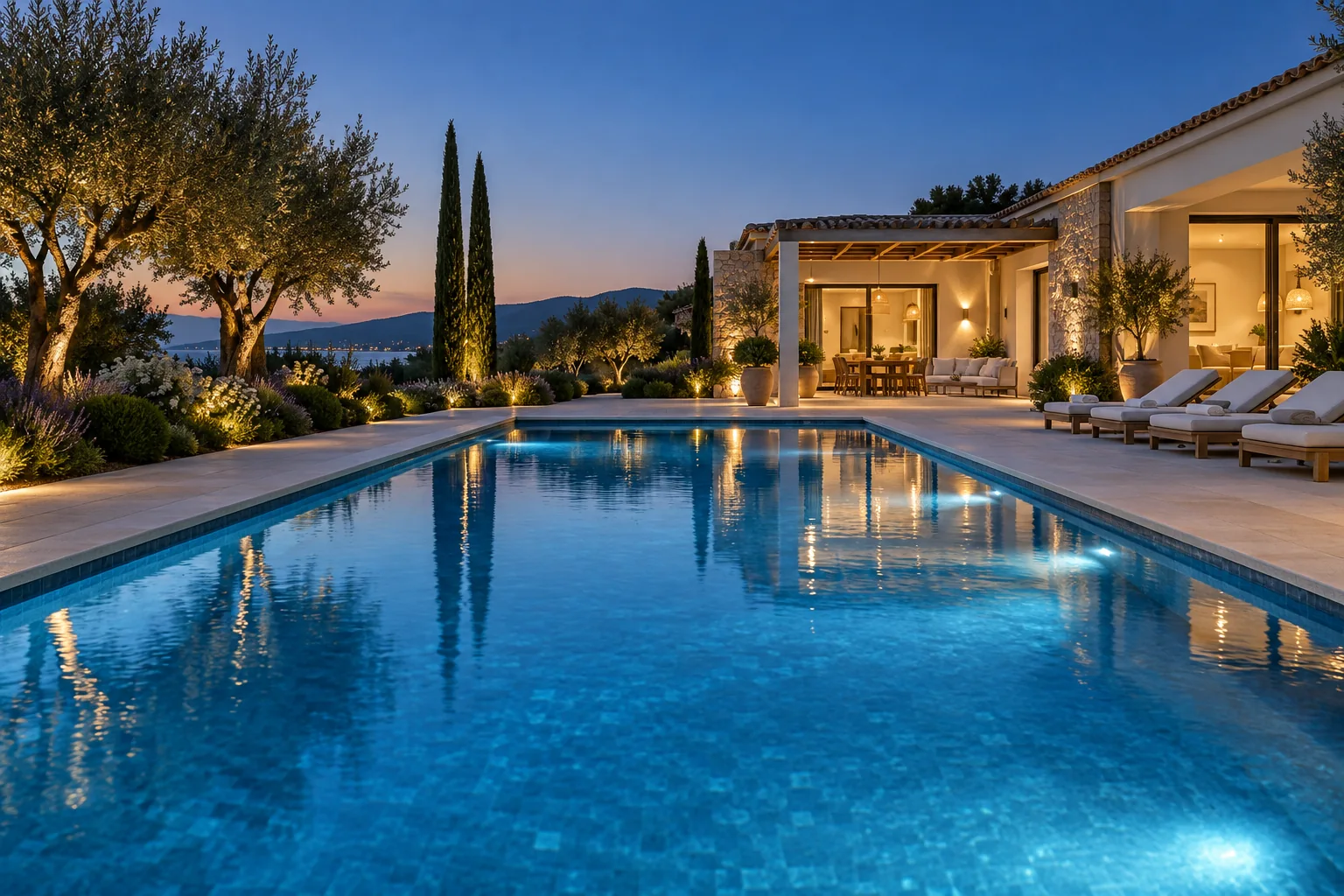 Imagen ilustrativa de una piscina iluminada junto a una vivienda al atardecer